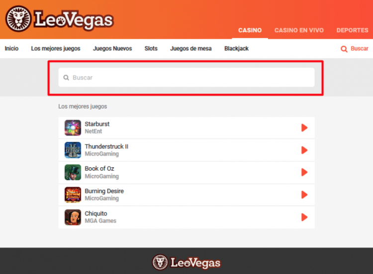 buscador de juegos en leovegas