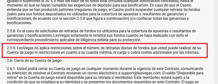 terminos y condiciones retiros leovegas