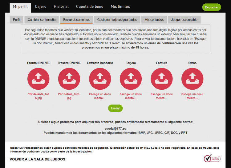 verificación de identidad en casino777