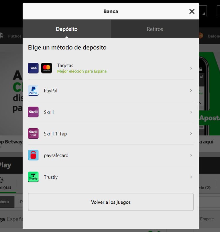 métodos de depósito en Betway