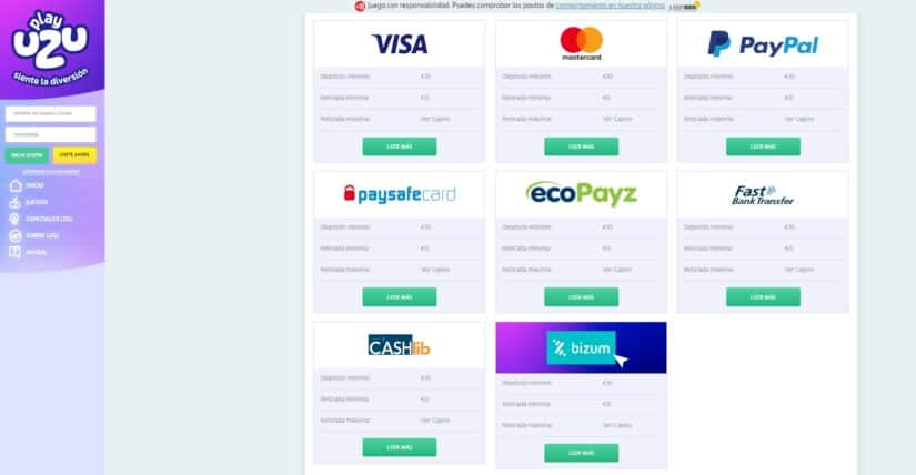 metodos de pago ofrecidos por PlayUZU casino