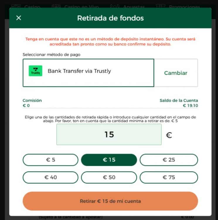 retirada de fondos mr green