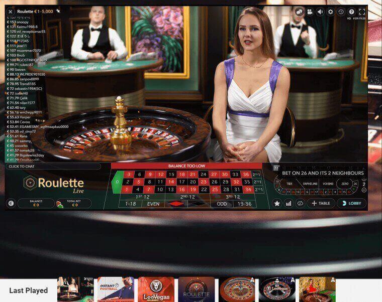 Ruleta en vivo en LeoVegas casino