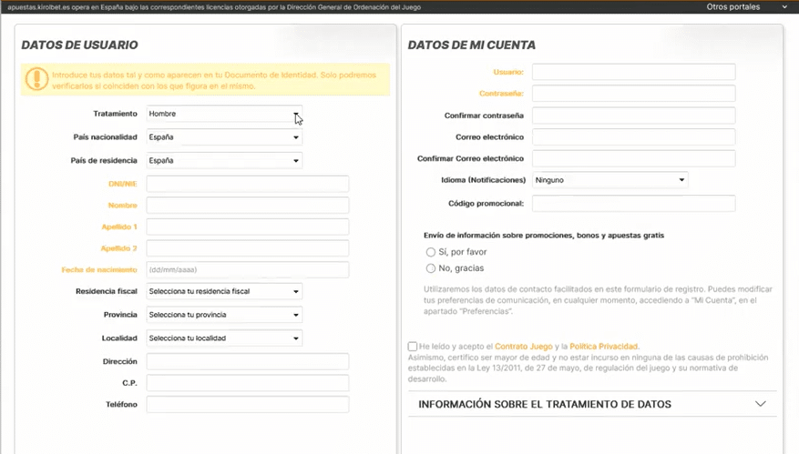 Formulario de registro en Kirolbet
