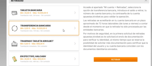 Métodos de retiro en Kirolbet