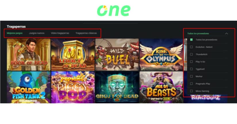 Colección de juegos en One Casino
