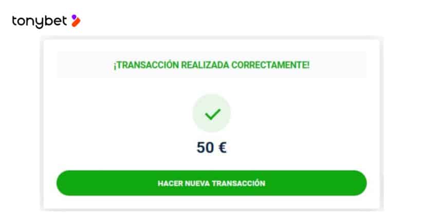 Confirmación de deposito en Tonybet