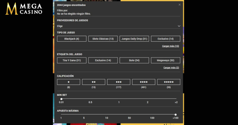 filtro de juegos en Megacasino