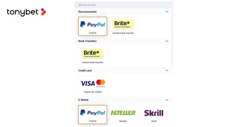 seccion de cajero de un casino online con PayPal