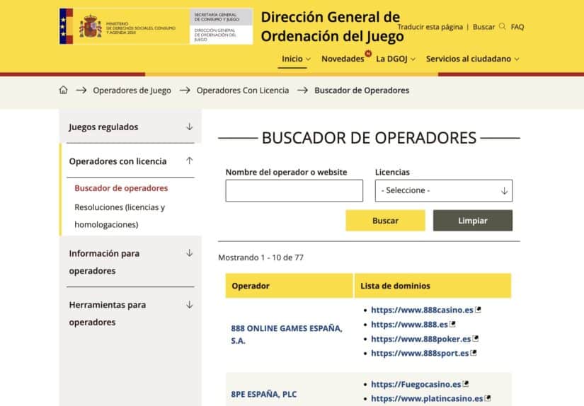 Buscador de operadores de juegos con licencia de la Dirección General de Ordenación del Juego de España